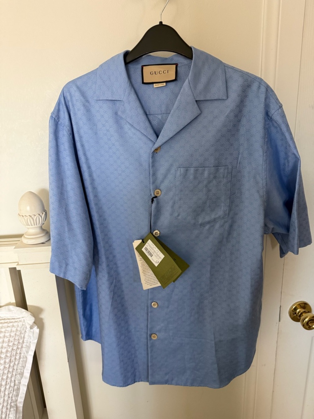 Gucci cotton monogram GG Light Blue Short Sleeve Camp Collar Shirt Sz 44 NWT